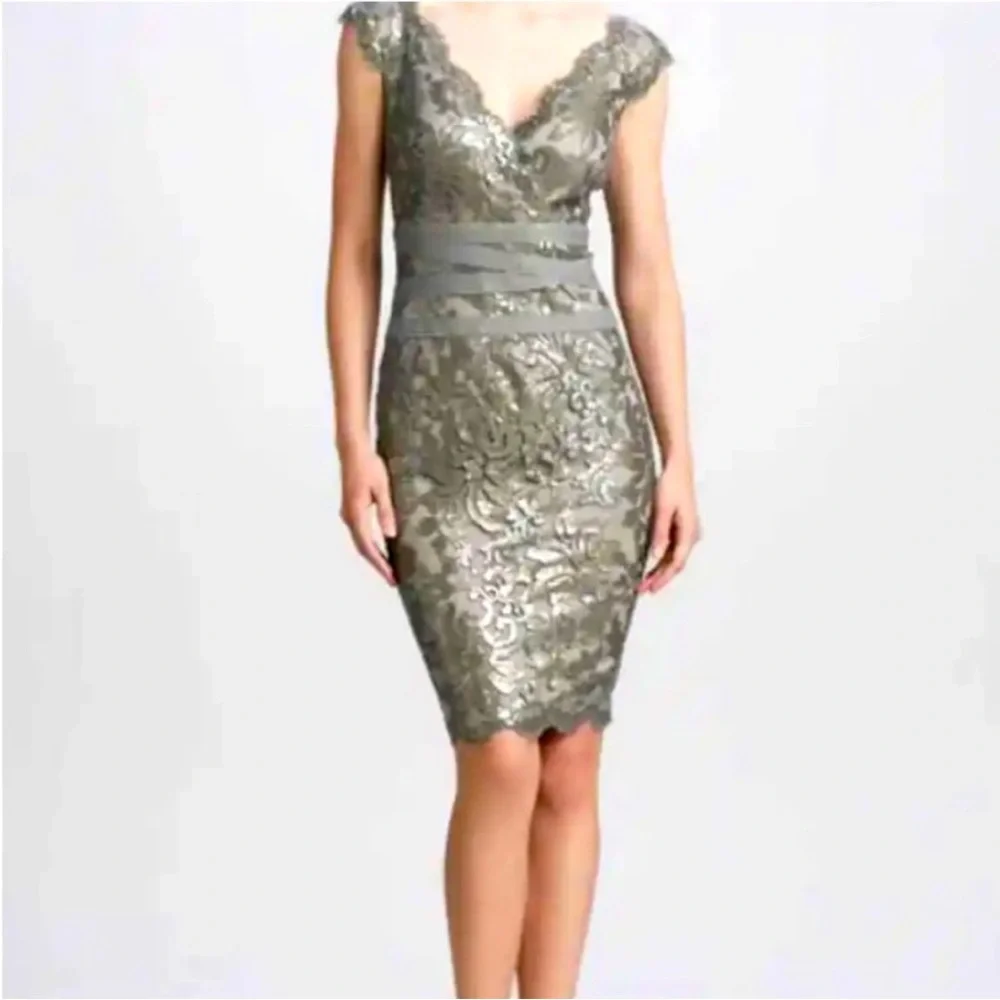 TADASHI SHOJI Women 12 Green Metallic Sequin Lined Elegant Lace Cap Sleeve Dress